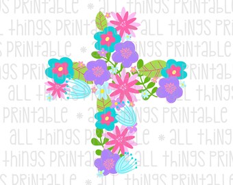 Utskrivbar blommig korsdesign - Påsk inspirerande tro PNG-design - Direkt nedladdning - Sublimeringsdesign, PNG, Utskrivbar (ATP026)