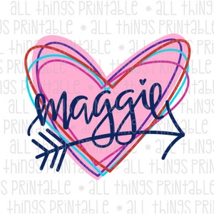 May include: A pink heart with a blue outline and an arrow through it. The word "maggie" is written in blue inside the heart.