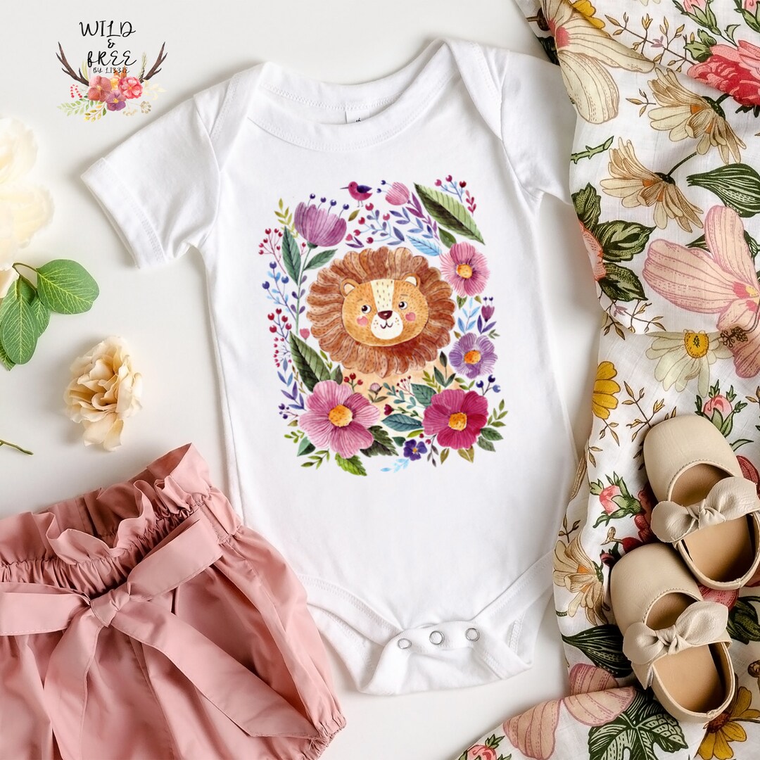 Girl's Floral Lion Bodysuit, Lion Onesie, Cute Safari Animal Onesie