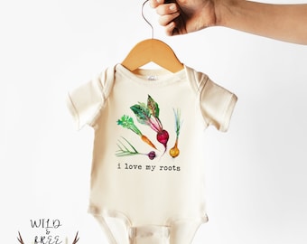I Love My Roots Vegetable Bodysuit, Vegetable Baby Bodysuit, Farmer's Market Baby Outfit, Vegetable Toddler Shirt, Natural Color Bodysuit