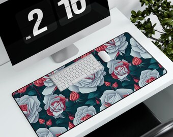 Red and White Rose Floral Large Desk Mouse Pad Mat Mousepad 31.5" × 15.5" non-slip