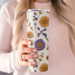 Pressed Flowers Purple Yellow Daisies Tumbler 20oz stainless steel dishwasher safe glossy cottagecore