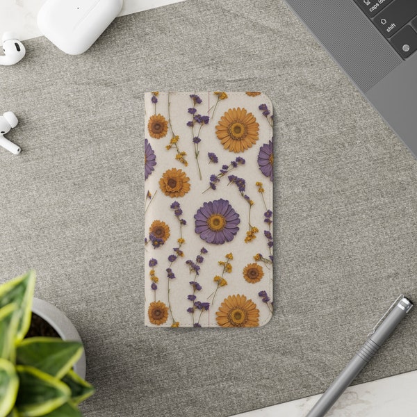 Pressed Flowers Purple Yellow Daisies Cell Phone Wallet Folio Case Faux Vegan Leather Apple iPhone Android Samsung Google Cottagecore