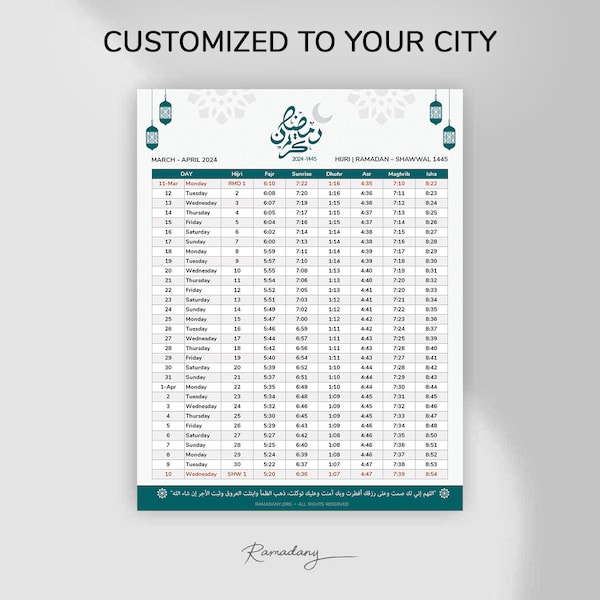 Ramadan Prayer Time Calendar, Printable Salah Time, Downloadable and Customizable, Islamic Wall Prayer Calendar