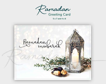 Ramadan Mubarak Greeting Card – Ramadan 2023 Card 5x7 and 4x6 – Silver Moroccan Lantern – Downloadable