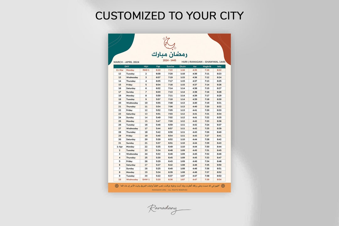 Ramadan Prayer Time Calendar, Printable Salah Time, Downloadable and