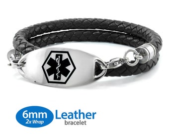 MedicEngraved™ 6mm Double Wrap Black Leather Bracelet with 316L Stainless Steel Medical ID Tag (Star of Life) - Engraving Included