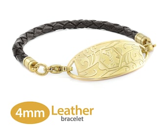 MedicEngraved™ 4mm Single Wrap Black Leather Bracelet with 316L Stainless Steel Yellow Gold Finish Medical ID Tag - Engraving Included