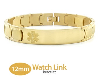 MedicEngraved™ 316L Stainless Steel 12mm Yellow Gold Finish Watch Link Band with Medical ID Tag (Star of Life) - Engraving Included