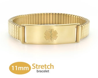 MedicEngraved™ 316L Stainless Steel 11mm Yellow Gold Finish Expandable Stretch Band with Medical ID Tag (Star of Life) - Engraving Included