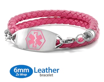 MedicEngraved™ 6mm Double Wrap Pink Leather Bracelet with 316L Stainless Steel Medical ID Tag (Star of Life) - Engraving Included