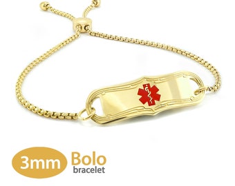 MedicEngraved™ 316L Stainless Steel 3mm Yellow Gold Finish Bolo Bracelet with Medical ID Tag (Star of Life) - Engraving Included