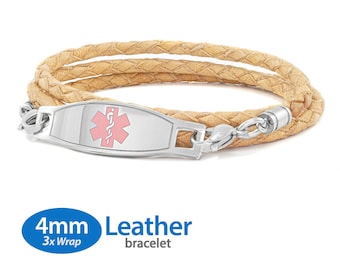 MedicEngraved™ 4mm Triple Wrap Beige Leather Bracelet with 316L Stainless Steel Medical ID Tag (Star of Life) - Engraving Included