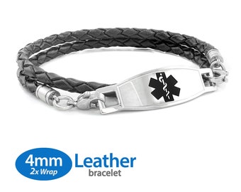 MedicEngraved™ 4mm Double Wrap Black Leather Bracelet with 316L Stainless Steel Medical ID Tag (Star of Life) - Engraving Included