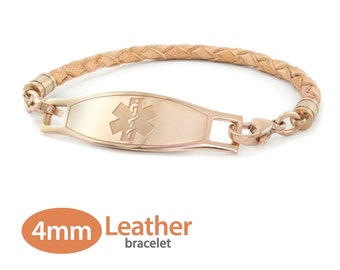 May include: A 4mm wide braided leather bracelet with a rose gold medical ID tag featuring the Star of Life symbol. The tag is engraved with a medical alert symbol.