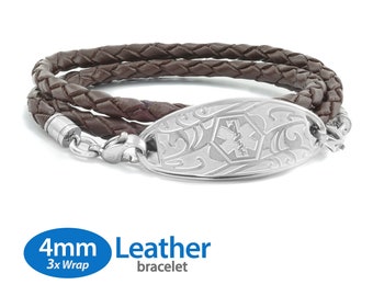 May include: Brown leather bracelet with a silver medical ID tag. The tag has a medical symbol and a decorative design. The bracelet is 4mm wide and is a 3x wrap style.