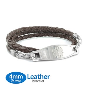 MedicEngraved™ 4mm Triple Wrap Brown Leather Bracelet with 316L Stainless Steel Medical ID Tag (Star of Life) - Engraving Included