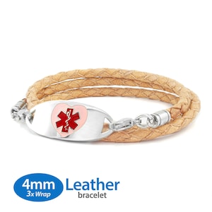 MedicEngraved™ 4mm Triple Wrap Beige Leather Bracelet with 316L Stainless Steel Medical ID Tag (Star of Life) - Engraving Included