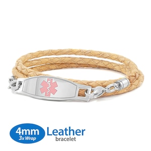 MedicEngraved™ 4mm Triple Wrap Beige Leather Bracelet with 316L Stainless Steel Medical ID Tag (Star of Life) - Engraving Included