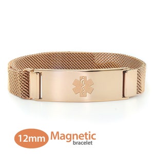 MedicEngraved™ 316L Stainless Steel 12mm Rose Gold Finish Magnetic Mesh with Medical ID Tag (Star of Life) - Engraving Included