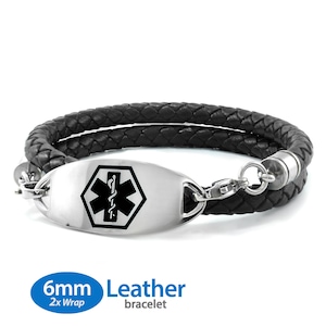 MedicEngraved™ 6mm Double Wrap Black Leather Bracelet with 316L Stainless Steel Medical ID Tag (Star of Life) - Engraving Included