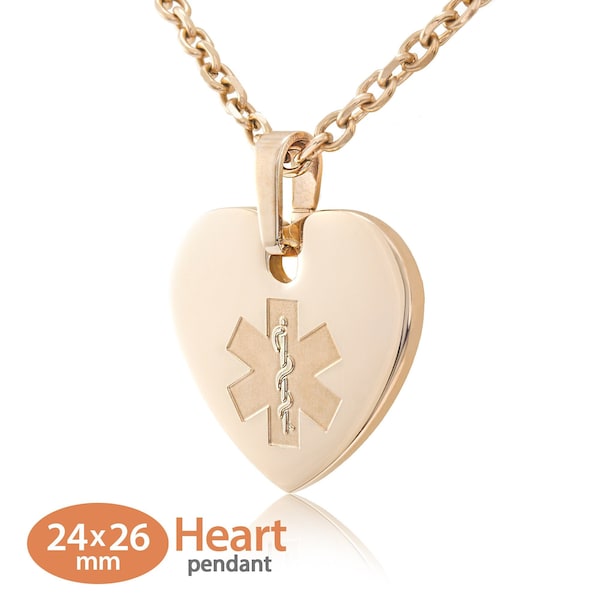 MedicEngraved™ 316L Stainless Steel 24x26mm Rose Gold Finish Heart Pendant with Custom sized 3mm Link Necklace - Engraving Included