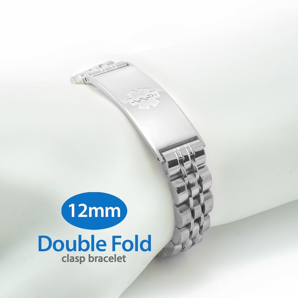 MedicEngraved™ 316L Stainless Steel 12mm Double Fold Fancy Link Watch Band with Medical ID Tag (Star of Life) - Engraving Included