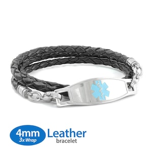 MedicEngraved™ 4mm Triple Wrap Black Leather Bracelet with 316L Stainless Steel Medical ID Tag (Star of Life) - Engraving Included