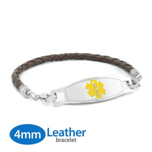 MedicEngraved™ 4mm Single Wrap Brown Leather Bracelet with 316L Stainless Steel Medical ID Tag (Star of Life) - Engraving Included