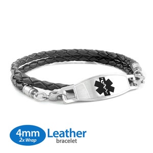 MedicEngraved™ 4mm Double Wrap Black Leather Bracelet with 316L Stainless Steel Medical ID Tag (Star of Life) - Engraving Included