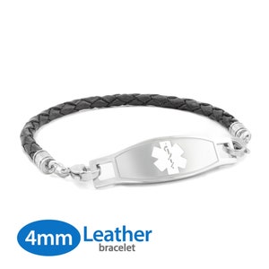 MedicEngraved™ 4mm Single Wrap Black Leather Bracelet with 316L Stainless Steel Medical ID Tag (Star of Life) - Engraving Included
