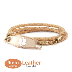 MedicEngraved™ 4mm Triple Wrap Beige Leather Bracelet with 316L Stainless Steel Rose Gold Finish Medical ID Tag - Engraving Included