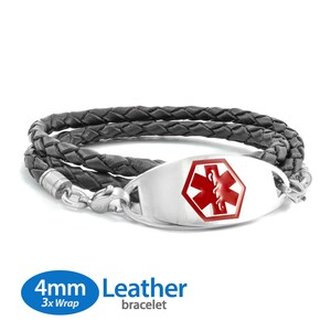 MedicEngraved™ 4mm Triple Wrap Black Leather Bracelet with 316L Stainless Steel Medical ID Tag (Star of Life) - Engraving Included