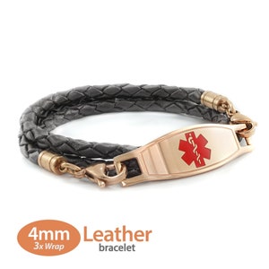 MedicEngraved™ 4mm Triple Wrap Black Leather Bracelet with 316L Stainless Steel Rose Gold Finish Medical ID Tag - Engraving Included