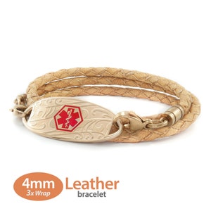 MedicEngraved™ 4mm Triple Wrap Beige Leather Bracelet with 316L Stainless Steel Rose Gold Finish Medical ID Tag - Engraving Included