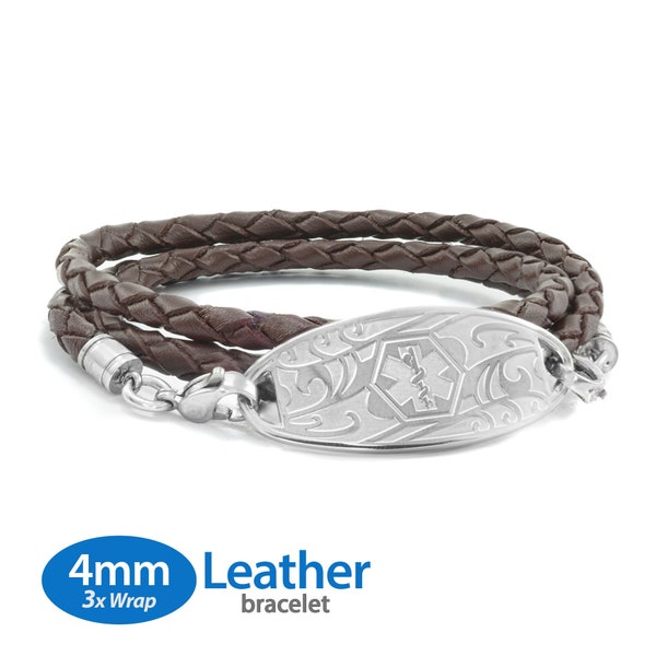 MedicEngraved™ 4mm Triple Wrap Brown Leather Bracelet with 316L Stainless Steel Medical ID Tag (Star of Life) - Engraving Included
