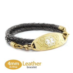 MedicEngraved™ 4mm Triple Wrap Black Leather Bracelet with 316L Stainless Steel Yellow Gold Finish Medical ID Tag - Engraving Included