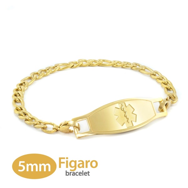 MedicEngraved™ 316L Stainless Steel 5mm Yellow Gold Finish Figaro Bracelet with Interchangeable Medical ID Tag - Engraving Included