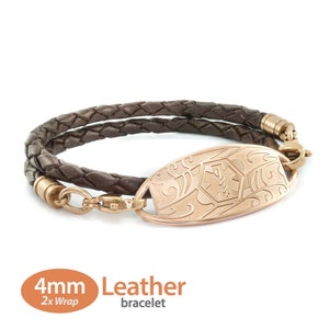 MedicEngraved™ 4mm Double Wrap Brown Leather Bracelet with 316L Stainless Steel Rose Gold Finish Medical ID Tag - Engraving Included