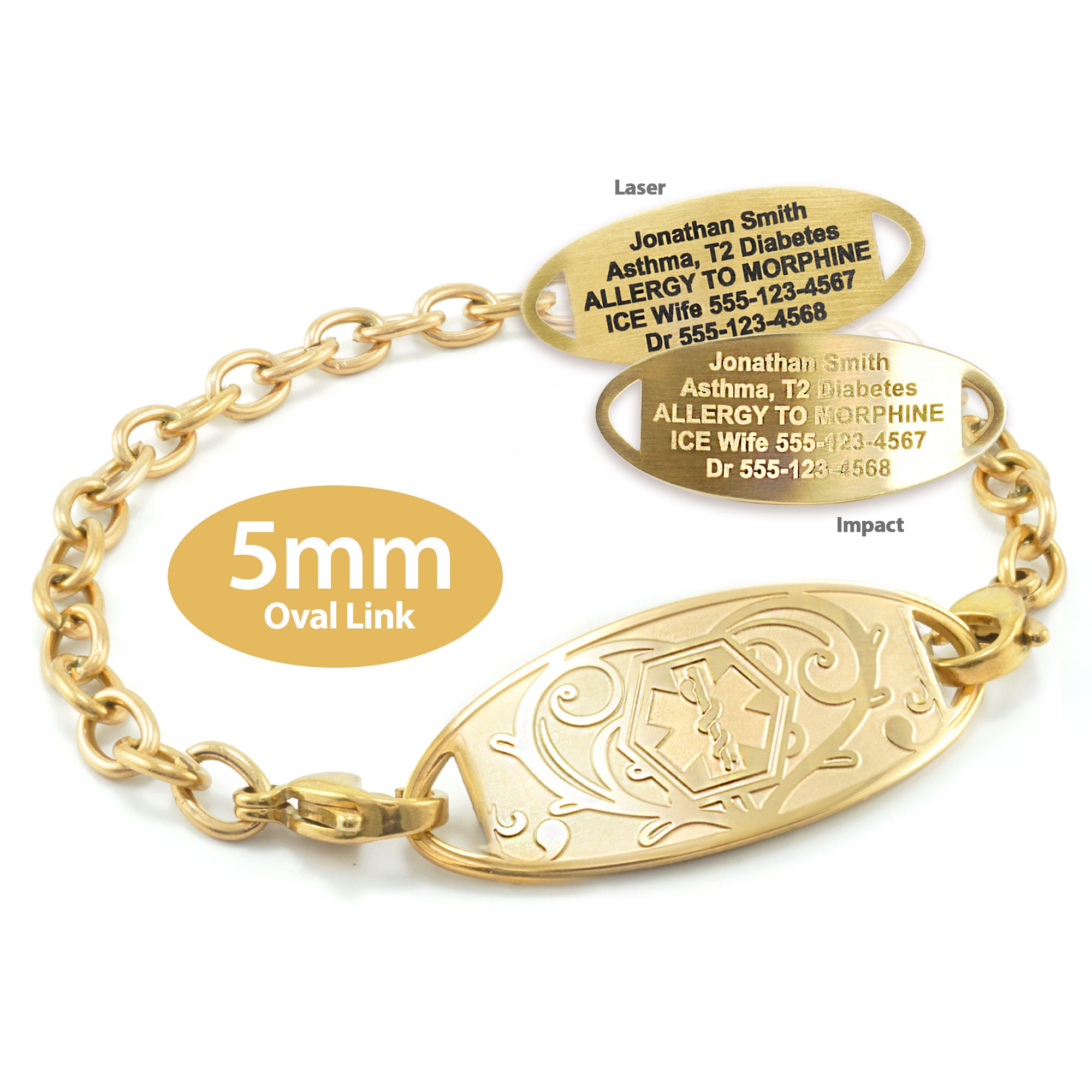 MedicEngraved™ 316L Stainless Steel 5mm Yellow Gold Finish Oval Link Bracelet with Interchangeable Medical ID Tag - Engraving Included