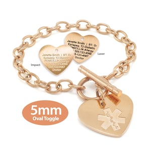 MedicEngraved™ 316L Stainless Steel 5mm Rose Gold Finish Toggle Link Bracelet with 20x22mm Heart Medical ID Charm - Engraving Included