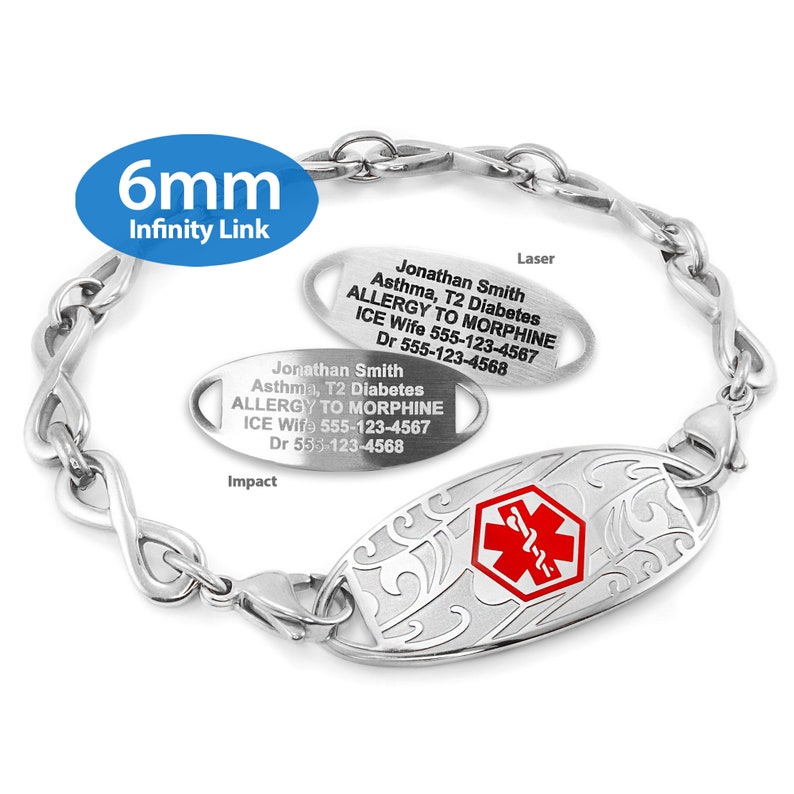 MedicEngraved™ 316L Stainless Steel 6mm Infinity Link Bracelet with Interchangeable Medical ID Tag Star of Life Engraving Included image 6