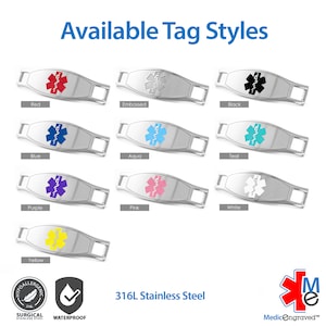 a set of four different colors of medical id tags