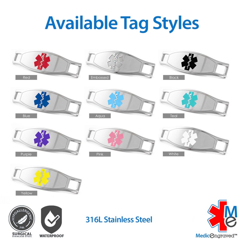 a set of four different colors of medical id tags