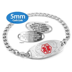a silver-colored medical bracelet with a 5mm curb link, engraved with personalized information.