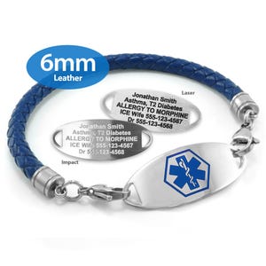 MedicEngraved® 6mm Single Wrap Blue Leather Bracelet with 316L Stainless Steel Medical ID Tag (Star of Life) - Engraving Included