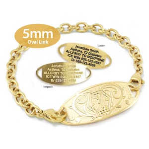 Engraved 5mm Oval Link Medical Alert ID Bracelet by MedicEngraved® – Yellow Gold Stainless Steel