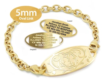 Engraved 5mm Oval Link Medical Alert ID Bracelet by MedicEngraved® – Yellow Gold Stainless Steel