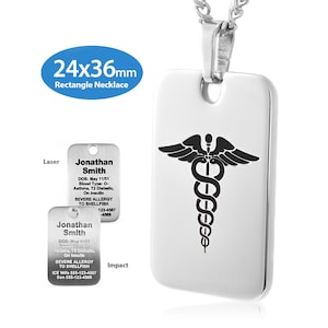 MedicEngraved® Rectangle Medical ID Necklace (24x36mm) in 316L Stainless Steel with 3mm Curb Link Necklace - Engraving Included