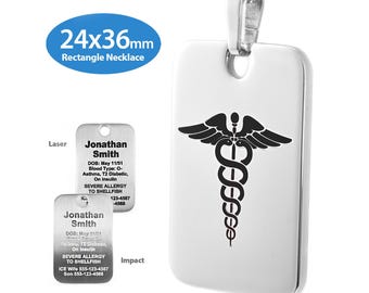 MedicEngraved® Rectangle Medical ID Necklace (24x36mm) in 316L Stainless Steel with 3mm Curb Link Necklace - Engraving Included